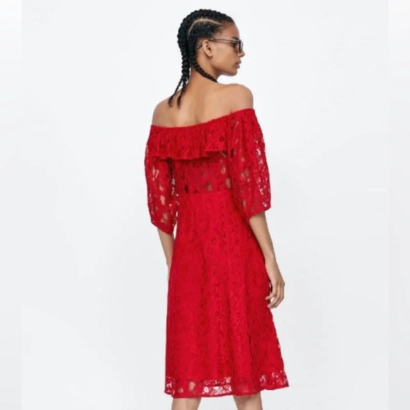 Zara Off Shoulder red lace midi dress size small - Picture 9 of 9